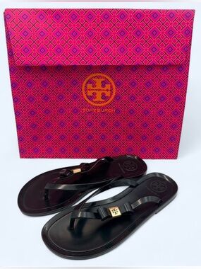 Tory Burch Jelly Bow Flip Flop Sandals Black Gold Logo Womens 6 Unworn Y2K